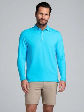 IBKUL Men's Long Sleeve Performance Polo In Turquoise UPF50 SIZE LARGE